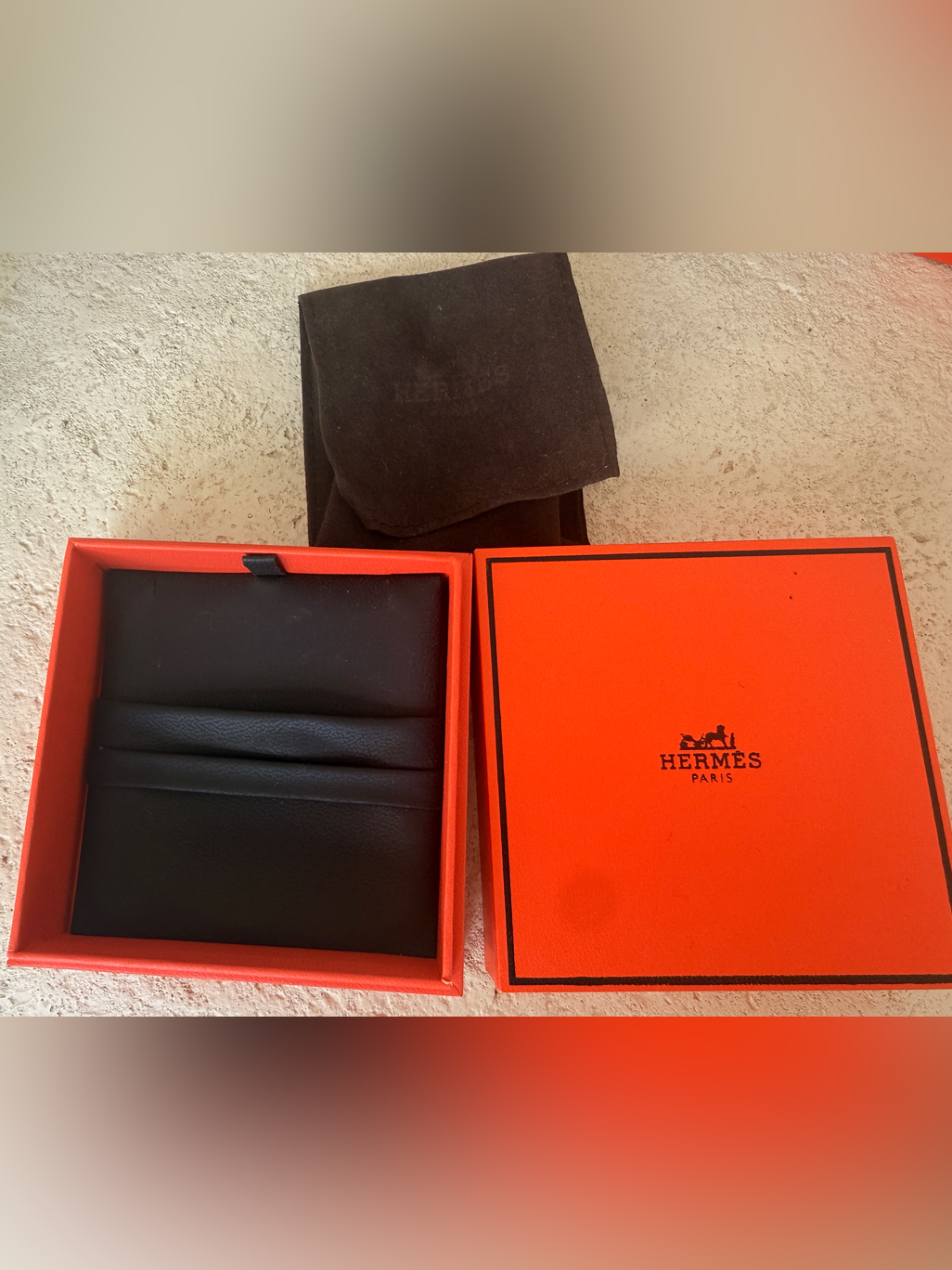Hermes Black Leather Necklace Pouch With Signature Orange Box